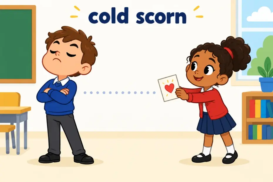 A cartoon child turns up their nose and folds their arms while a classmate offers a modest homemade gift, teaching disdain in a sentence.