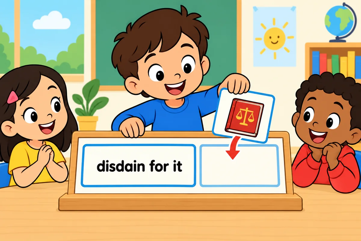 A cartoon child turns up their nose while placing a picture card after the phrase disdain for on a wooden board.