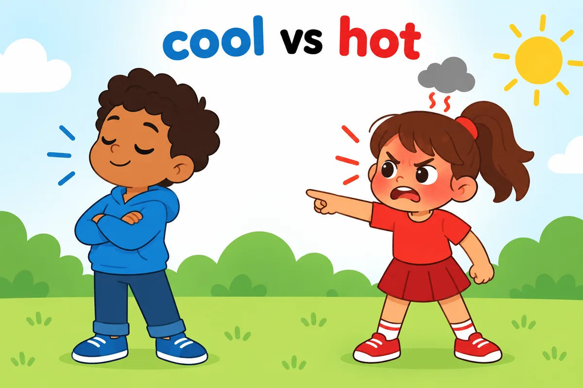 A single cartoon scene contrasts a calm, coolly dismissive child with an openly angry, contemptuous one.