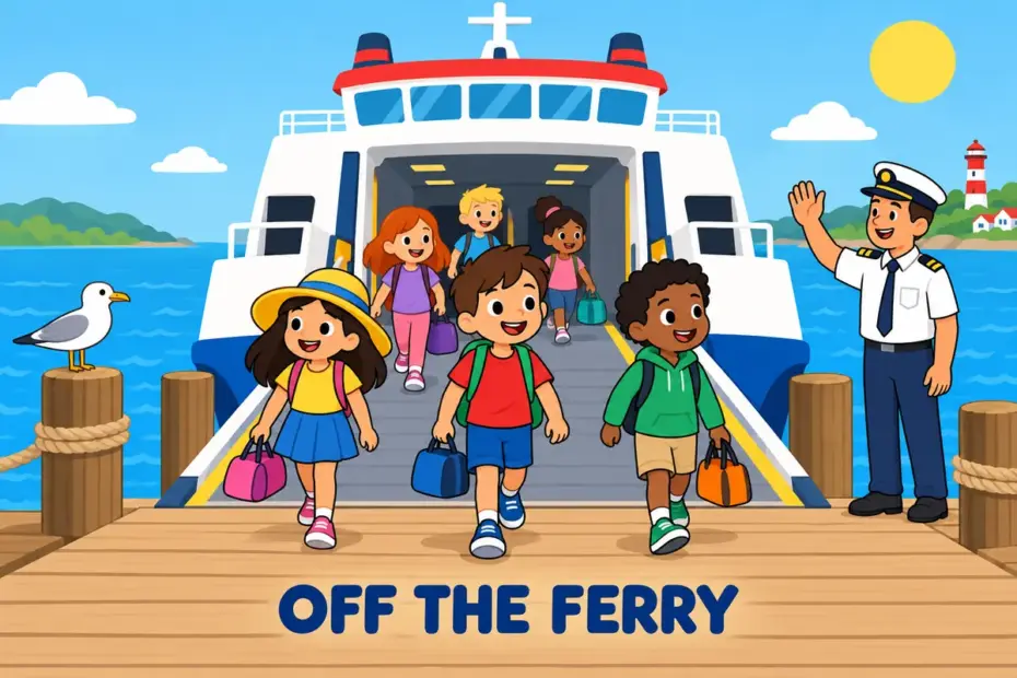 Cartoon passengers step down a ramp from a ferry, showing disembark in a sentence as leaving a vessel.