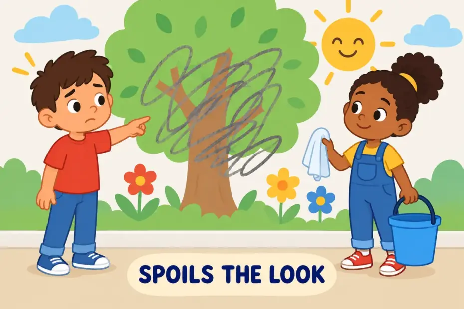 Cartoon children look at a classroom mural spoiled by thick scribbles, showing disfigure in a sentence as visible damage.
