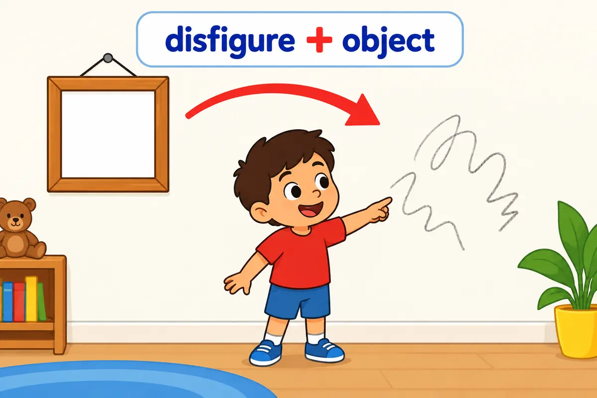 A cartoon child points at a wall where curly pencil marks have spoiled a clean painted mural.