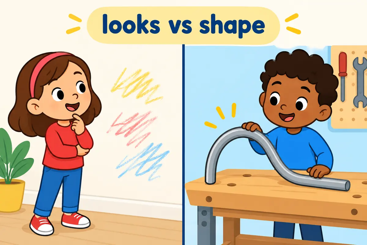 A split cartoon scene shows one panel with a marked wall and another with a bent metal bar, contrasting appearance and shape.