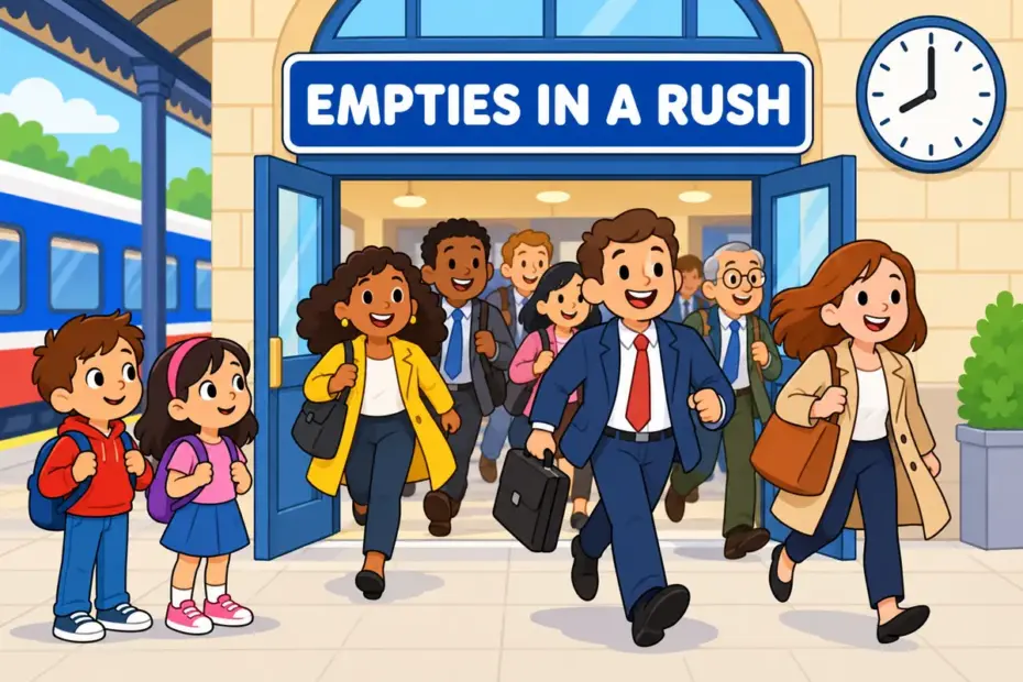 Cartoon children watch a station doorway release a rushing stream of commuters, showing disgorge in a sentence as emptying out contents.