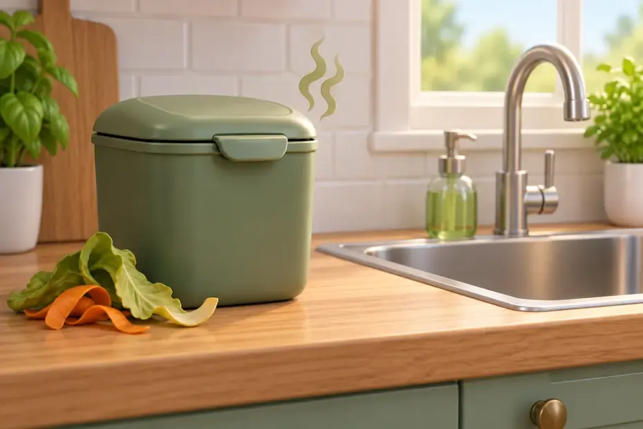 A sealed compost bin with wilted leftovers sits beside a clean kitchen sink.