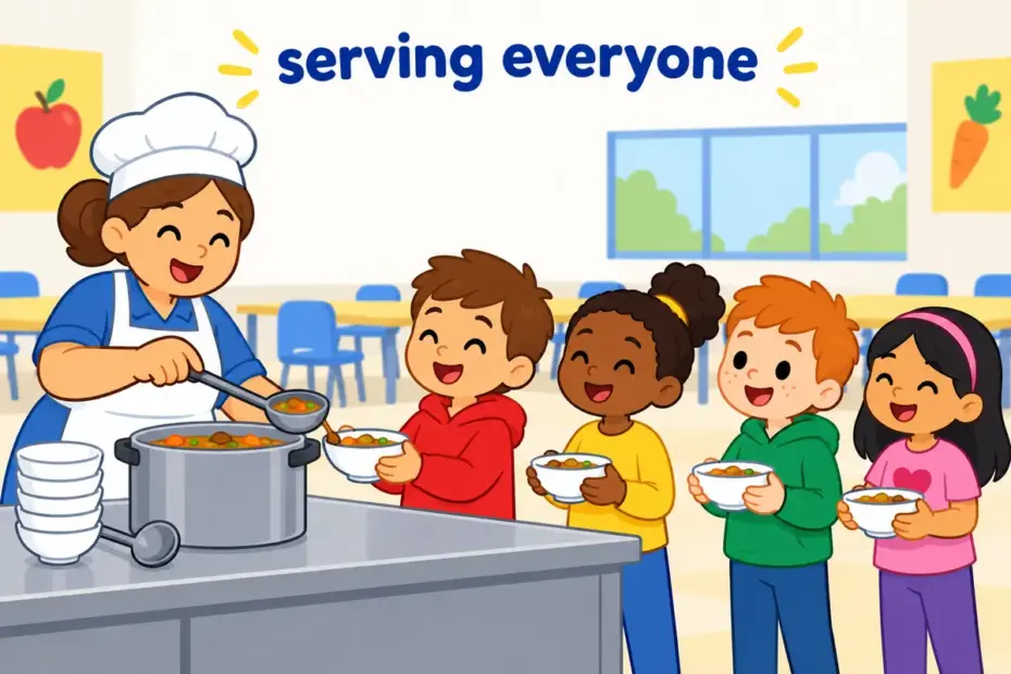 Cartoon children queue with bowls as a cheerful cook spoons stew, illustrating dish out in a sentence as serving in portions.