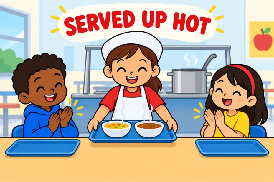 Cartoon child carries a tray of food to a school table, showing dish up in a sentence as serving a meal.