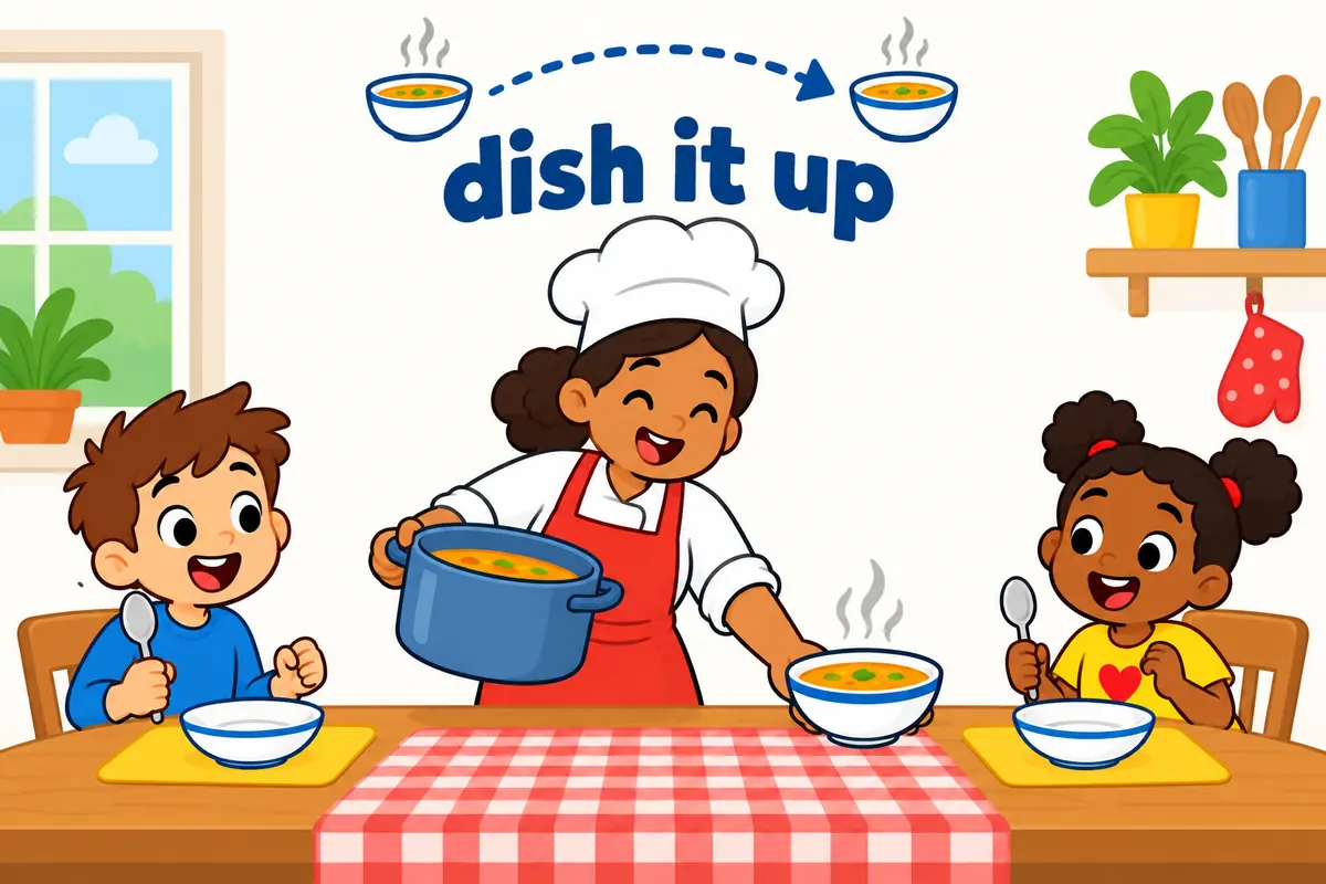 A cartoon cook sets a full bowl on a table while a dotted arrow shows the object sliding before or after up.