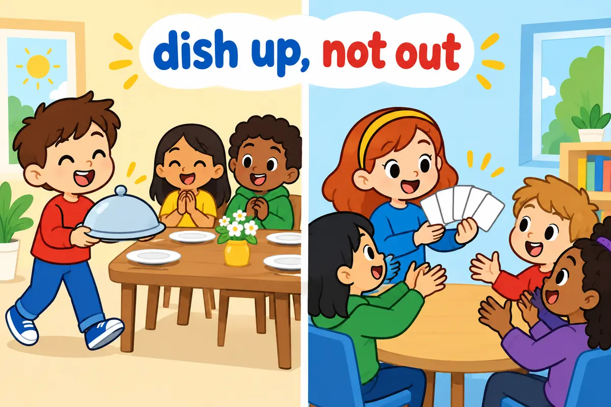 Two cartoon children hold signs, one carrying a full plate and one handing out cards from a fan.