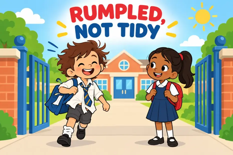 A cartoon child with wind-blown hair and a creased shirt grins, showing disheveled in a sentence as untidy.