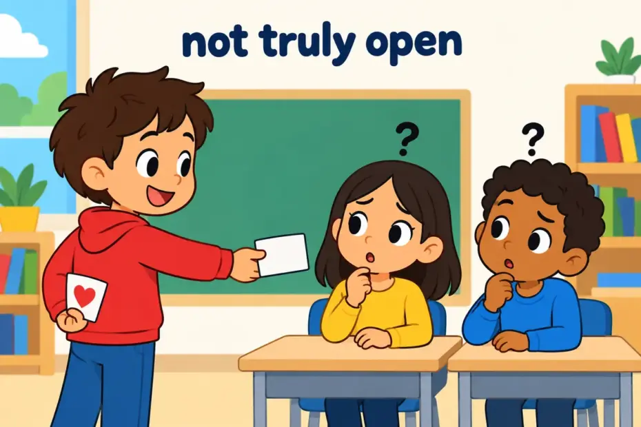 Cartoon children watch a speaker offer a card while hiding another behind their back, showing disingenuous in a sentence.