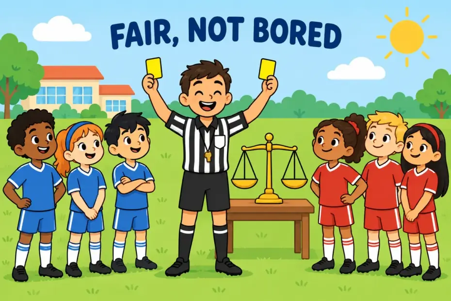 Cartoon children watch a referee hold up two identical cards, showing disinterested in a sentence as fair judgement.