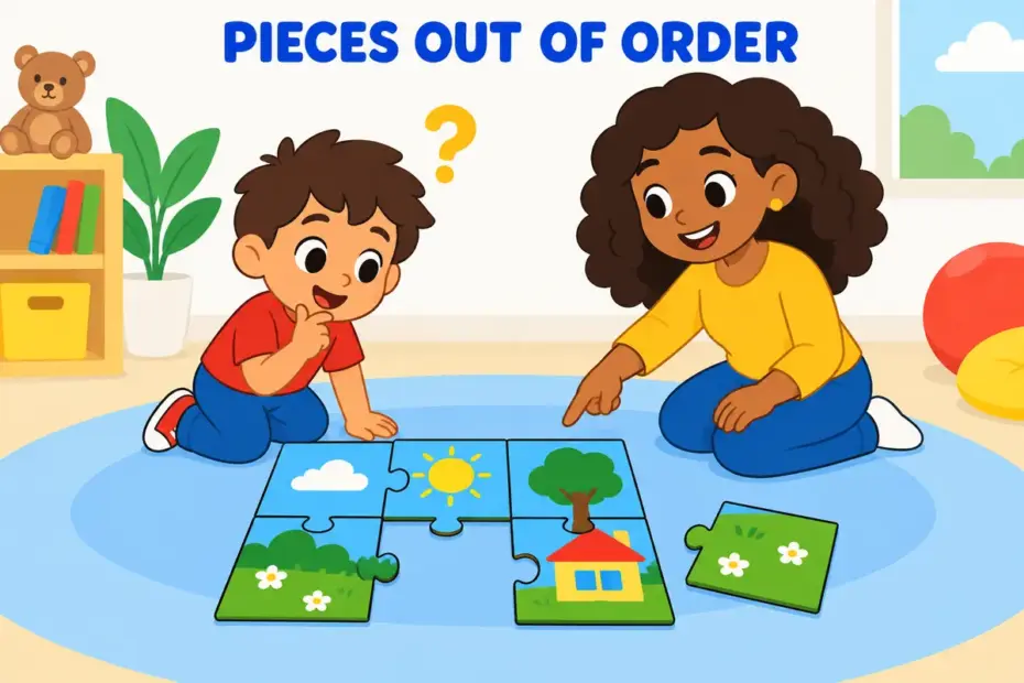 A cartoon child lays mismatched puzzle tiles that do not join, illustrating disjointed in a sentence as parts without a smooth connection.