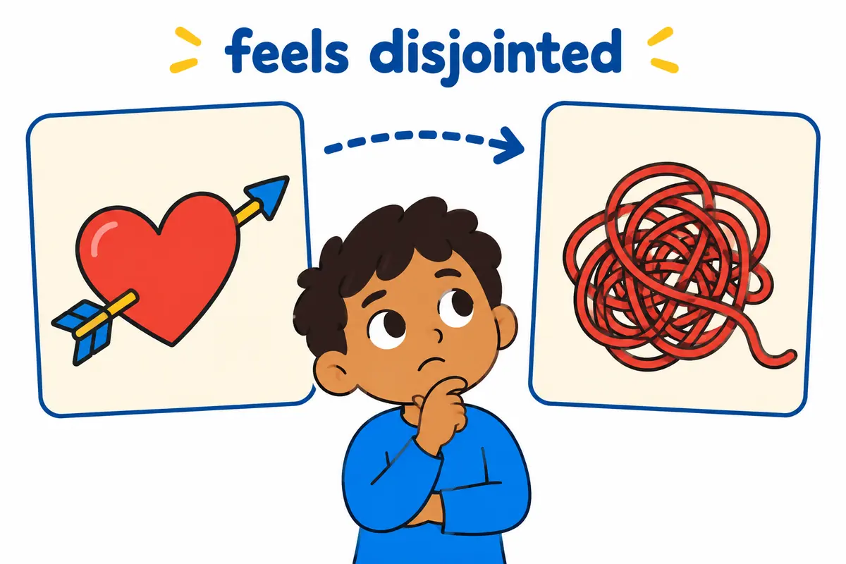 Cartoon cards show a linking verb feel joined to the adjective disjointed beside a tangle of loose string.