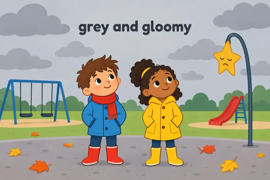 Cartoon pupils stand under a grey sky in an empty playground, showing dismal in a sentence as a gloomy, disappointing scene.