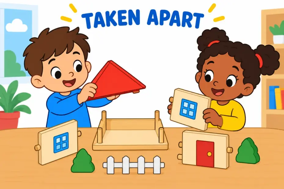 Cartoon children take a toy house apart and lay the pieces neatly on a table, showing dismantle in a sentence.