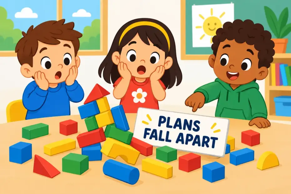 Cartoon children stare at a collapsed model project, showing dismay in a sentence as shocked discouragement.