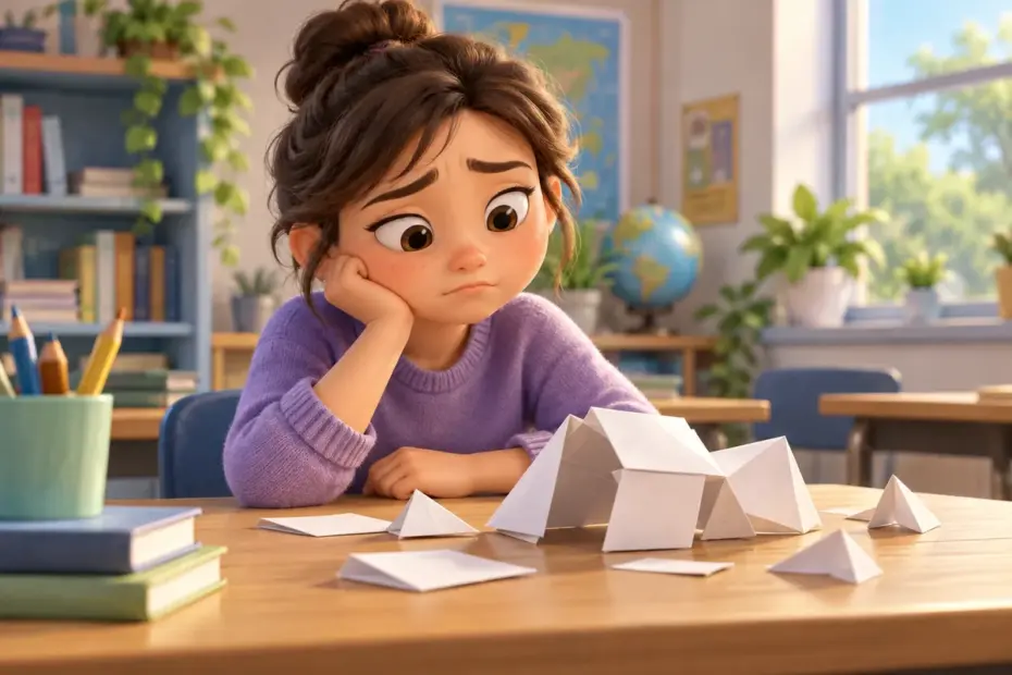 A student looks dismayed after a paper model collapses on a classroom desk.