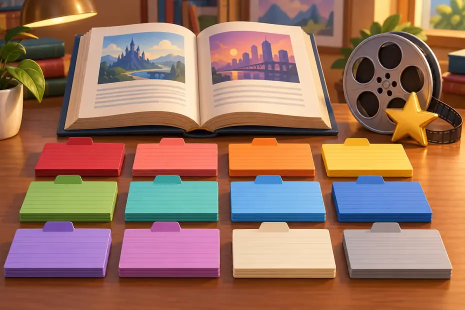 An open movie guidebook, blank colored index tabs, and a film reel represent an A-to-Z character list.
