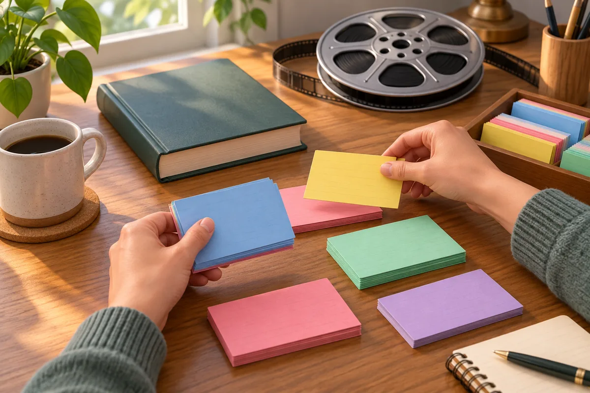 Colorful alphabet cards sit beside a storybook open to an original deer and a small forest bird.