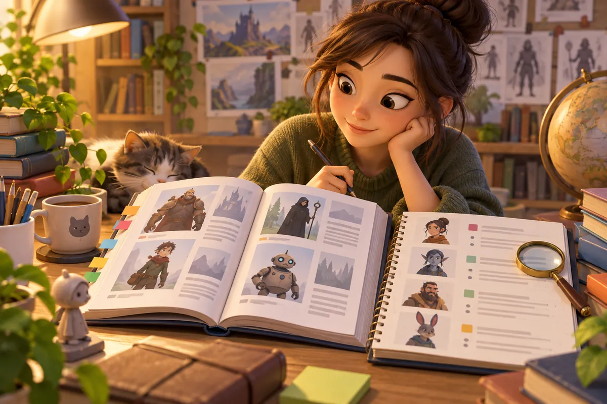 A researcher compares an illustrated movie guide and character notes at a desk.