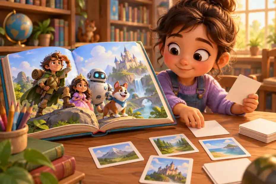 A child browses a storybook of original cartoon characters and sorts blank picture cards beside it.