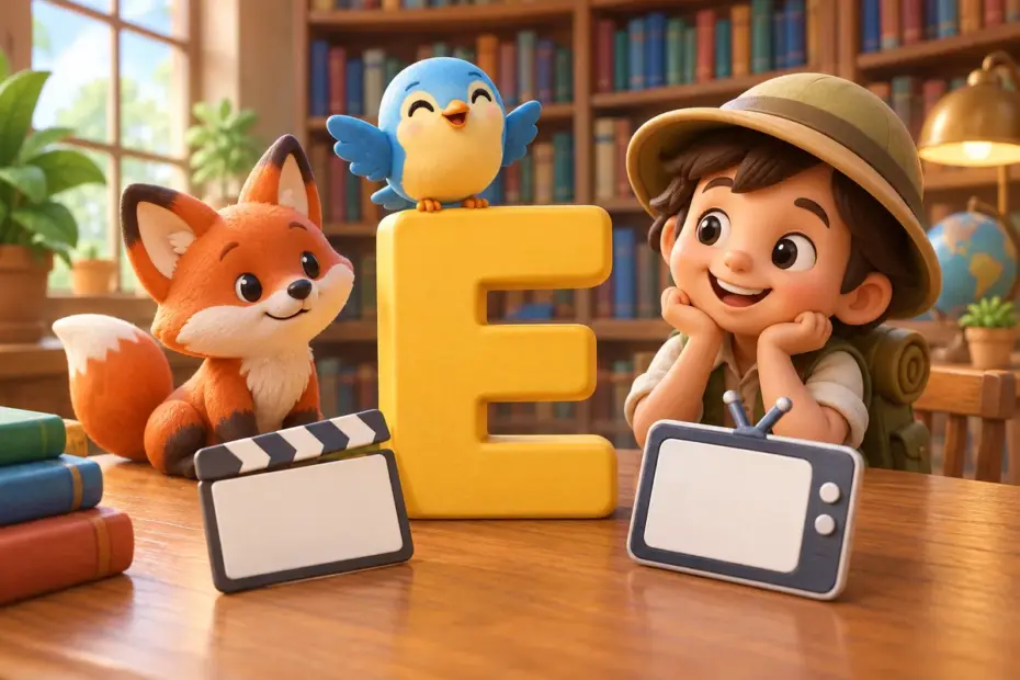 A colorful alphabet card with a large letter E sits among generic animated character silhouettes and blank film cards.