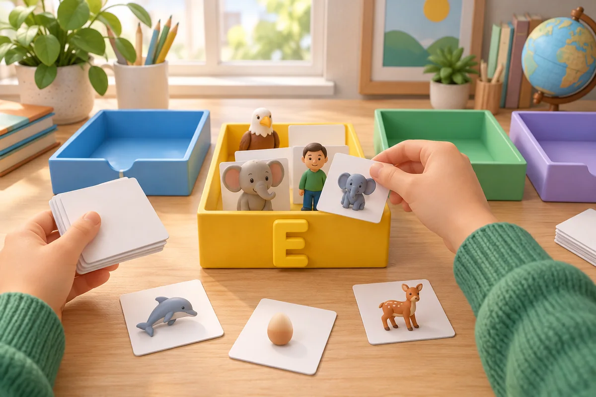 A reader sorts generic character cards into an E section beside a lettered alphabet index without depicting copyrighted characters.