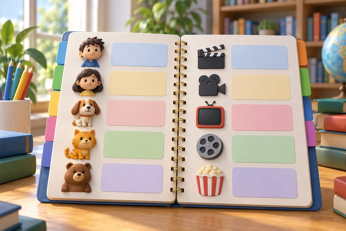 An open reference notebook separates character names from film and series titles using two neat columns of blank cards.