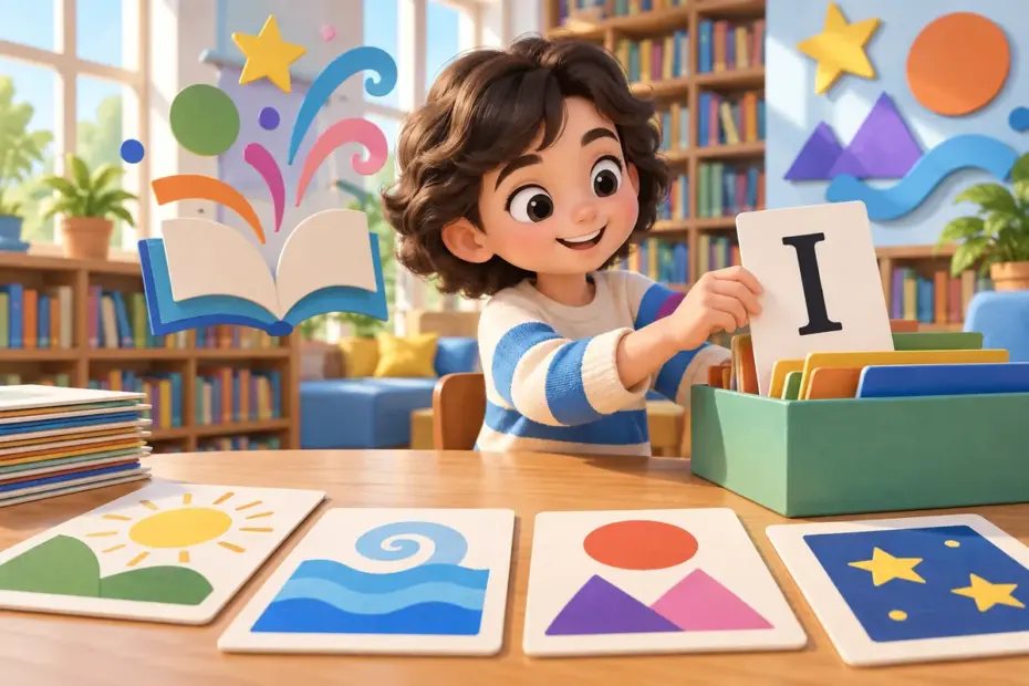 A child sorts an I card beside colorful abstract storybook icons.