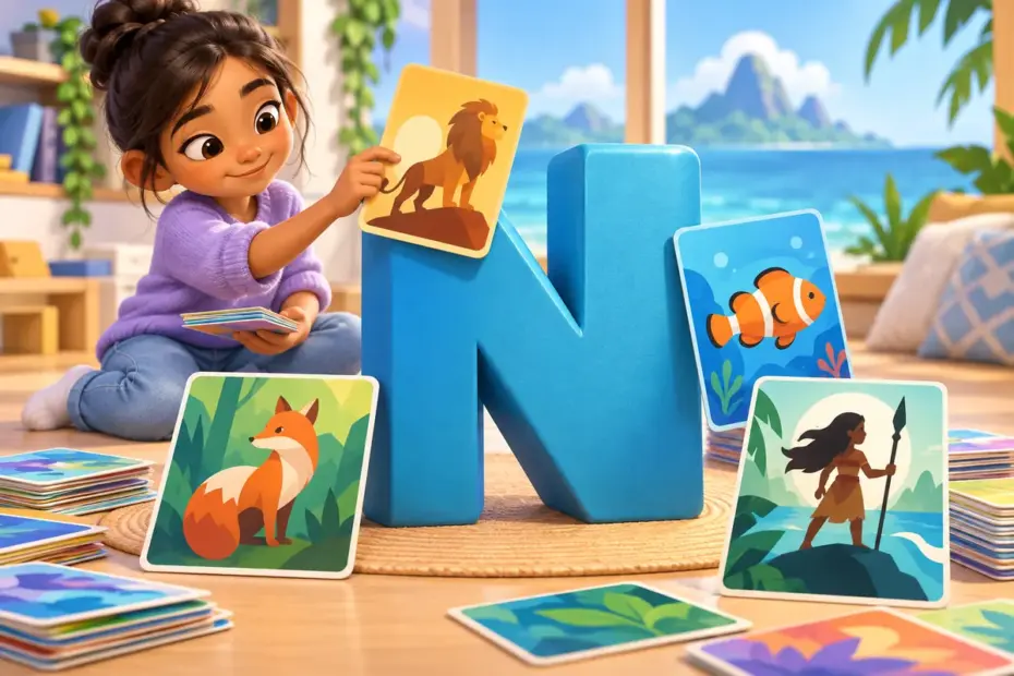 Generic animal and human story silhouettes surround a large letter N.