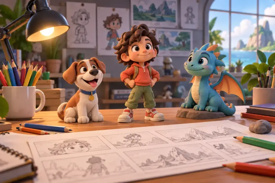 An animator’s desk holds colored pencils, storyboard sketches, and three original cartoon figures.