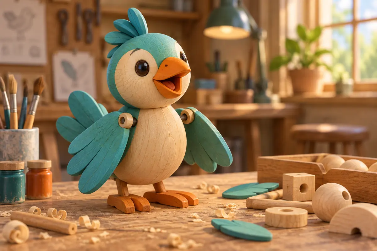 A handmade wooden bird puppet sits beside craft pieces on a workshop table.