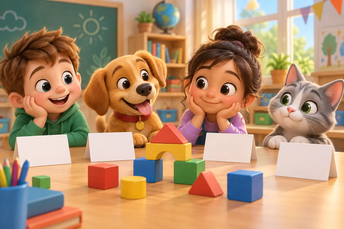 Blank character cards stand beside colorful building blocks on a classroom table.