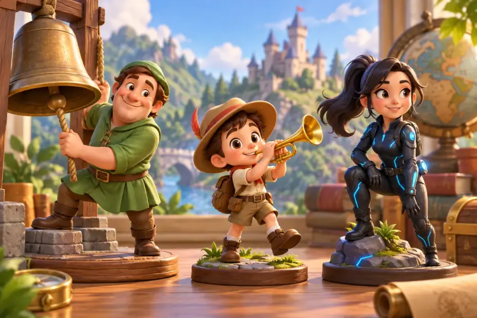 Bell-ringer, musical explorer, and digital adventurer figures suggest Q character categories.