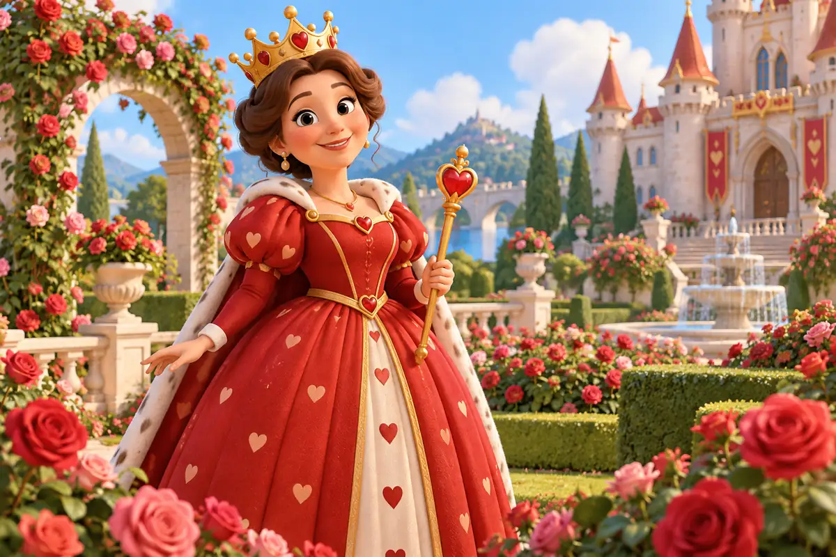 A storybook queen stands in a rose garden.