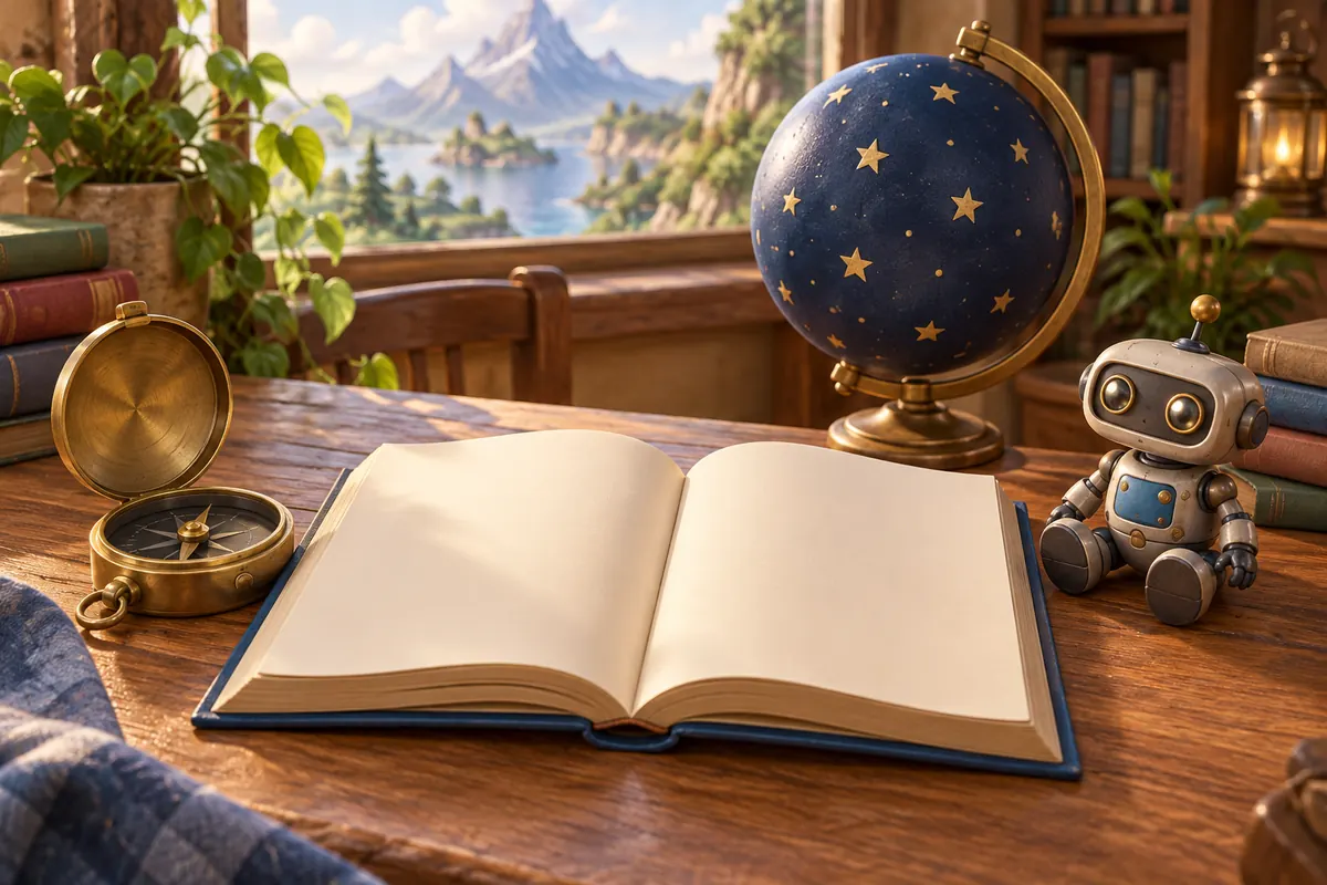 A blank storybook, brass compass, starry globe, and small toy robot sit together.