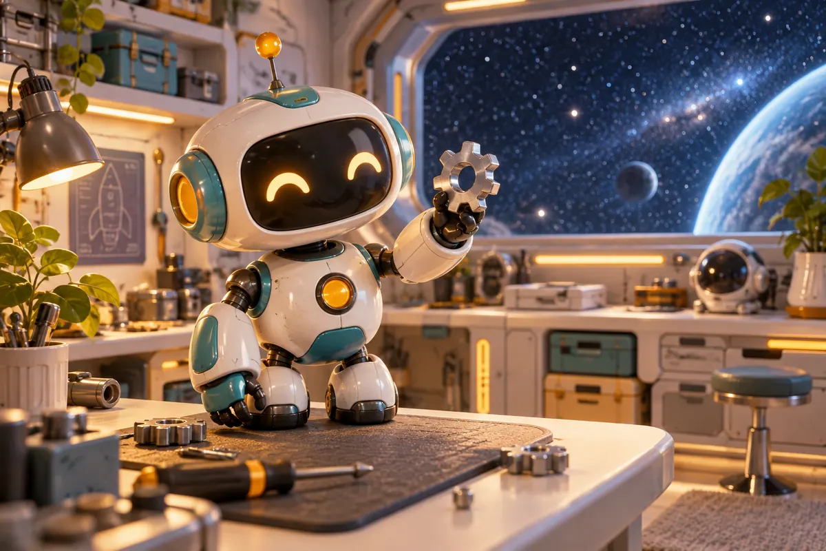 A compact friendly robot stands beneath stars in a spacecraft workshop.
