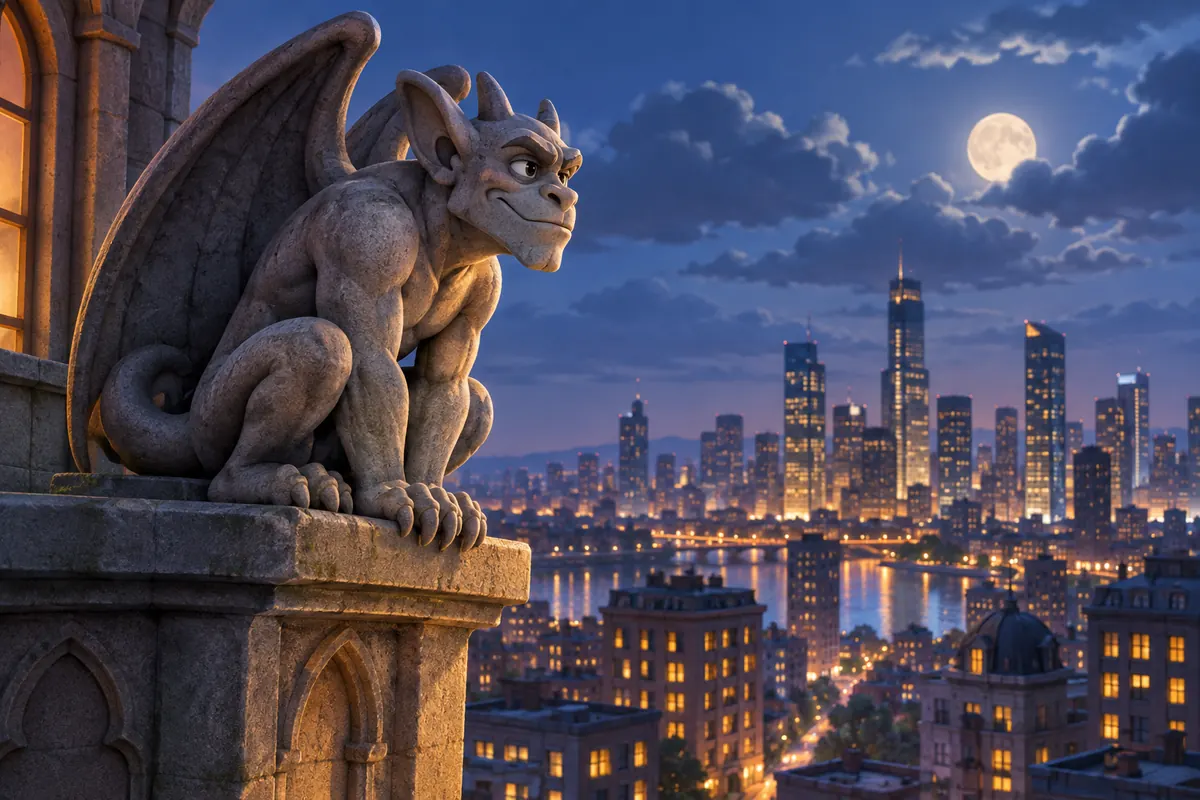 A stone gargoyle perches above a city skyline beneath the evening moon.