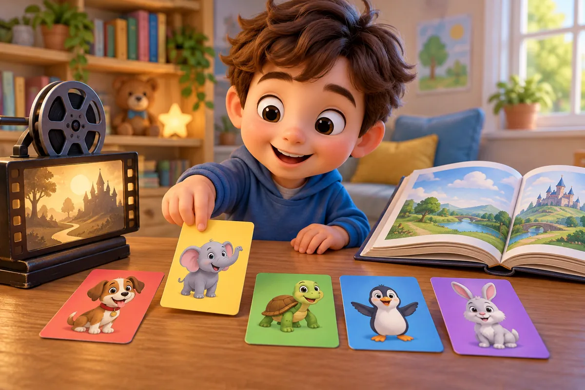A child sorts five illustrated animal cards beside a film-reel display.