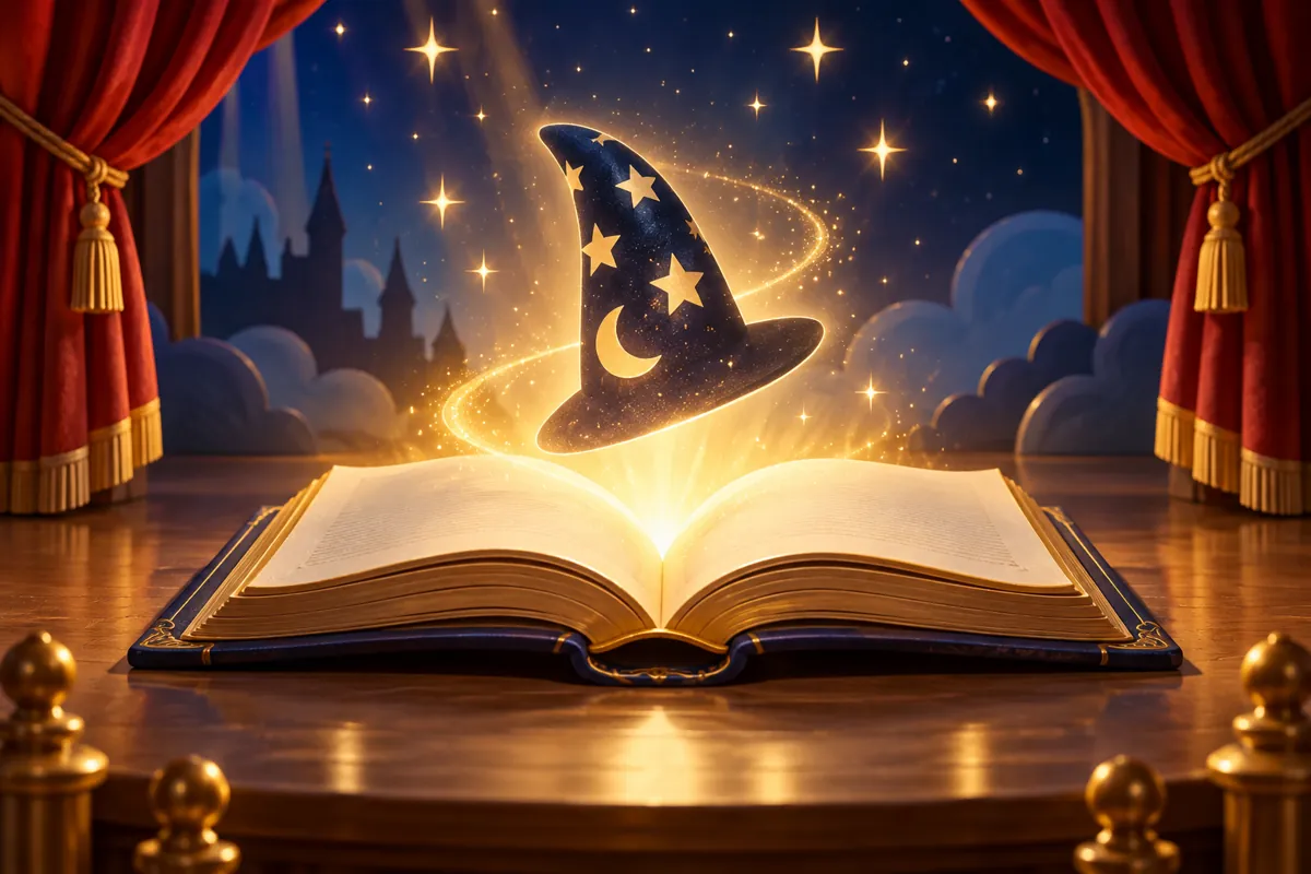 Stage curtains frame an open storybook and a floating star-covered sorcerer hat.