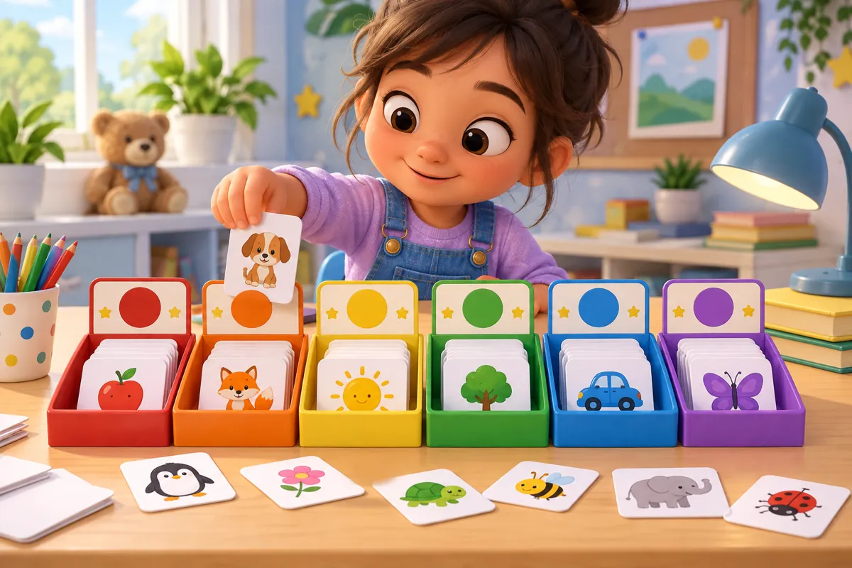 A child groups illustrated cards into colorful sorting trays.