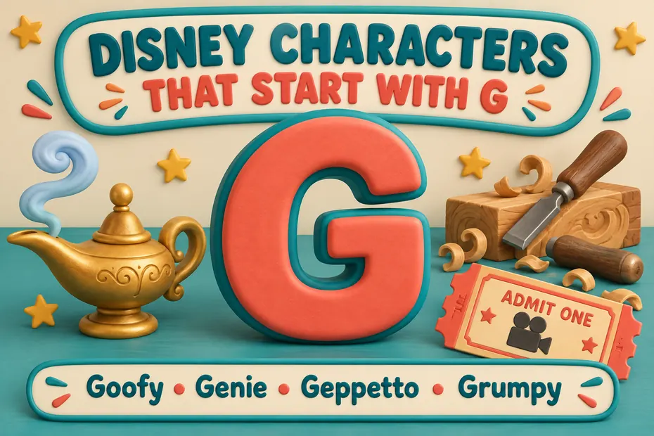 Disney characters that start with G: Goofy, Genie, Geppetto, and Grumpy.
