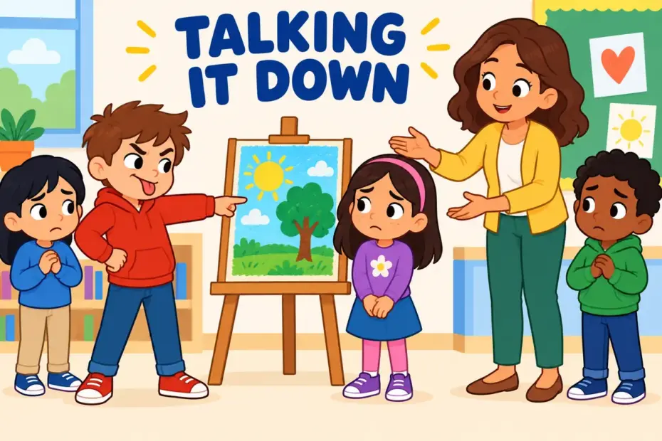 Cartoon children watch a boy talk down a classmate painting, showing disparage in a sentence as lowering someone by words.