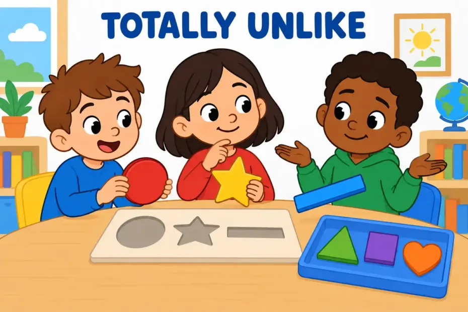 Cartoon children try to fit puzzle pieces of wildy different shapes together, showing disparate in a sentence as things that do not match.