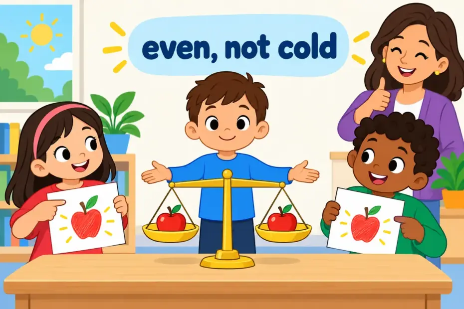 A cartoon judge balances two equal trays on a scale while children watch, showing dispassionate in a sentence as fair judgement.