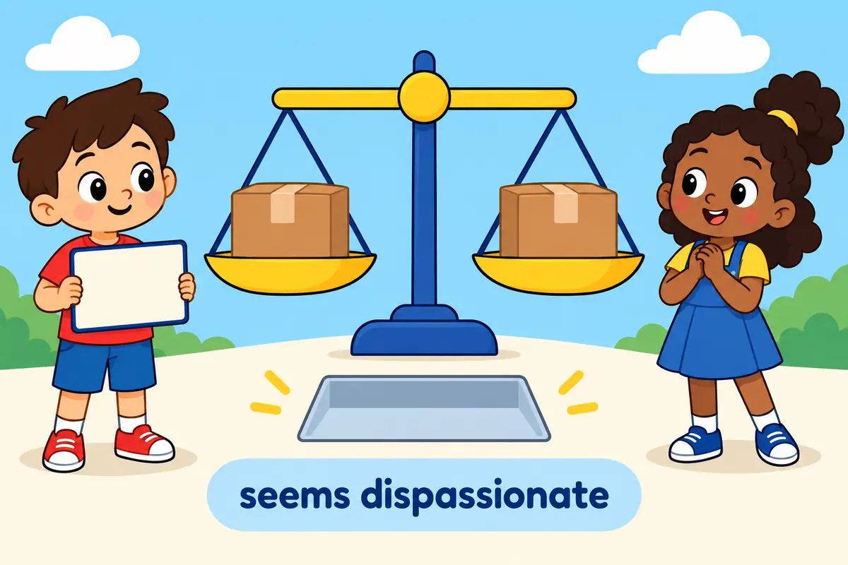 A cartoon judge weighs two identical parcels on a balanced scale while children watch, showing dispassionate judgement.