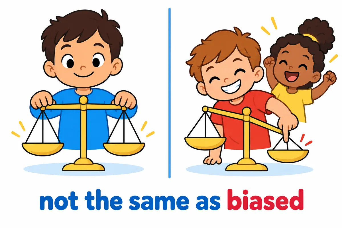 A cartoon split scene contrasts a fair judge weighing two equal trays with a biased judge tipping the scale toward a friend.
