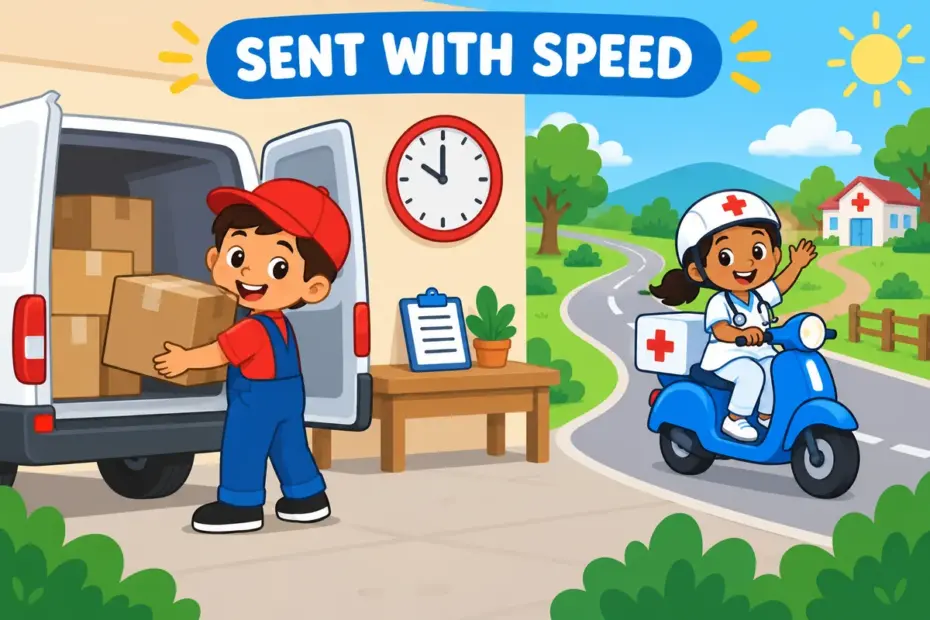 Cartoon workers load a labelled parcel into a van while a nurse sets off on a scooter, showing dispatch in a sentence as sending out.