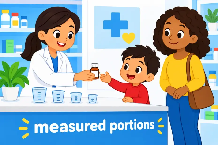 Cartoon children watch a pharmacist dispense a measured bottle at a counter, showing dispense in a sentence as giving out portions.